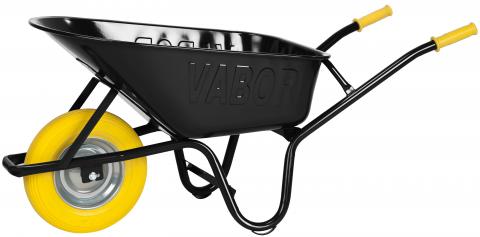 KRUIWAGEN ZWART GELAKT. 90 L. GEEL VOL WIEL