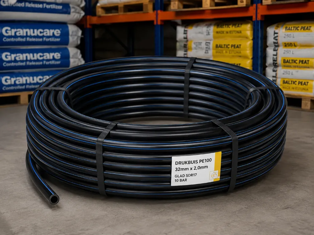 6 Drukbuis PE100 32 mm x 2,0 mm glad SDR17 10bar zwart/blauw 6m DVGW